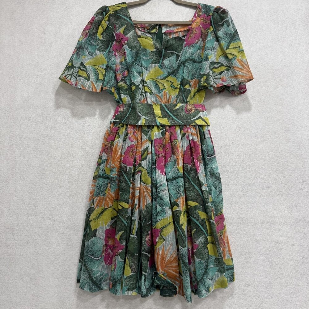 Vintage Tropical Floral Dress Womens Medium Green Pink Belted Fit Flare Boho
